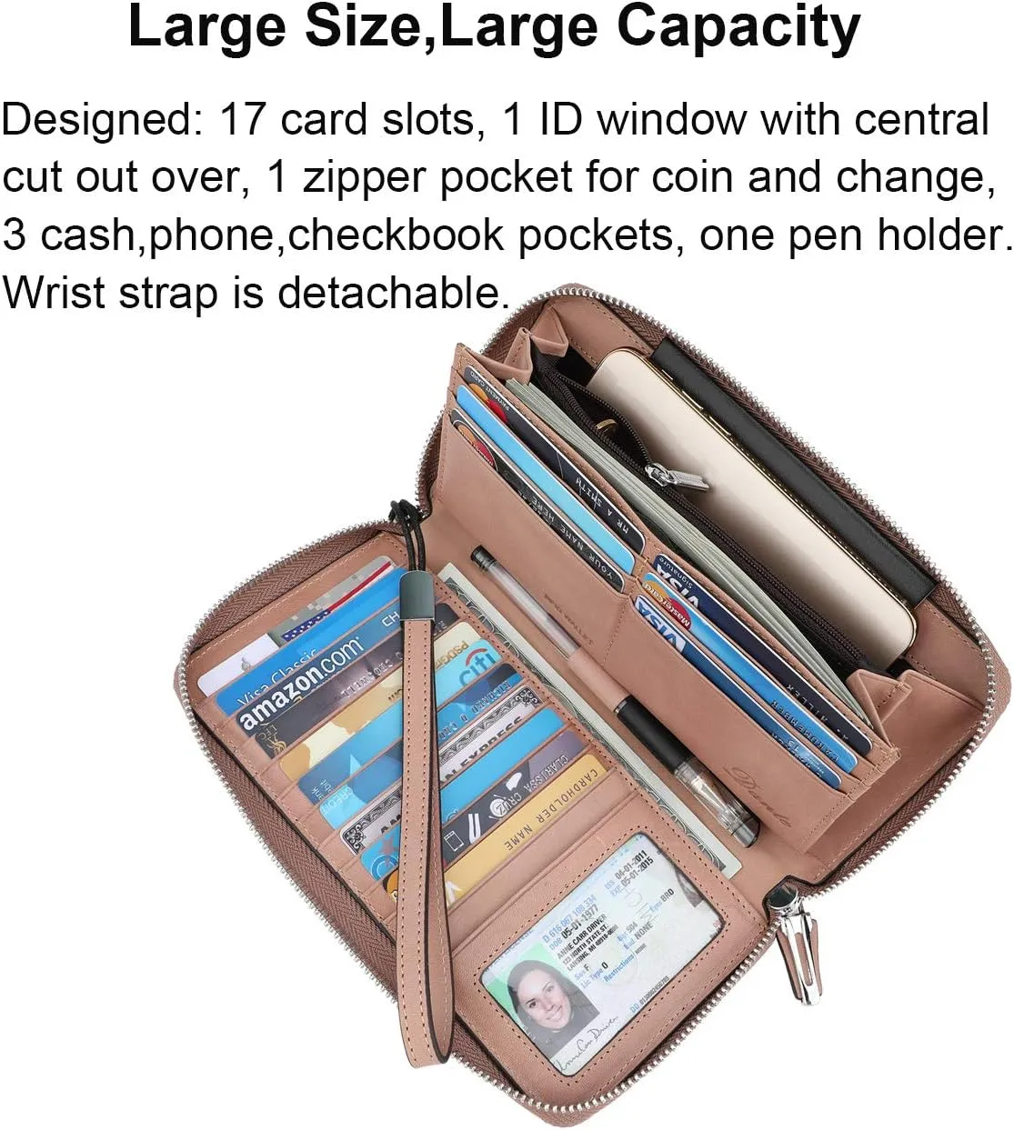 Lavemi Women's RFID Blocking 100% Leather Large Capacity Zip Around Wallet Phone Holder Clutch Travel Purse Wristlet