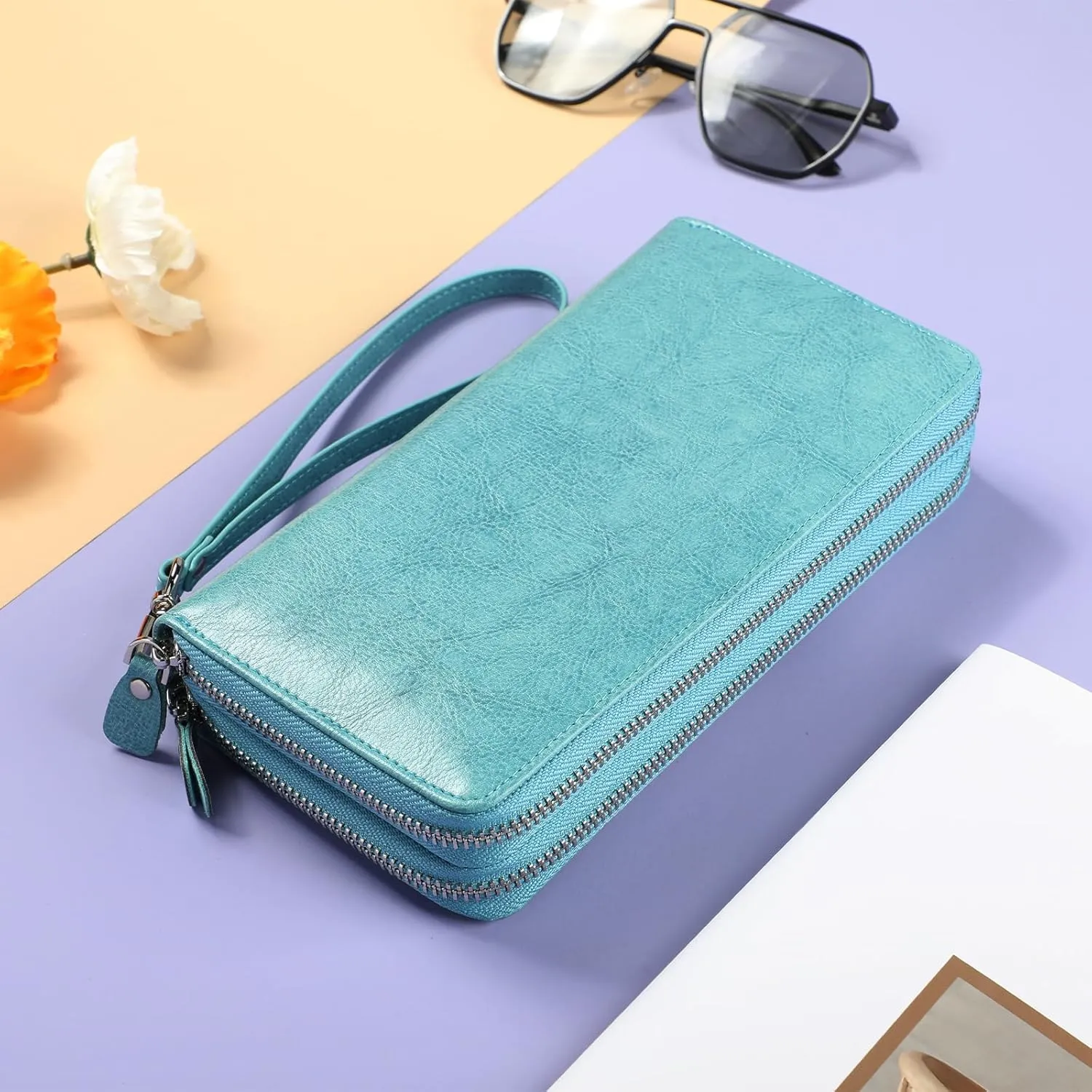 Lavemi Women's RFID Blocking 100% Leather Large Capacity Zip Around Wallet Phone Holder Clutch Travel Purse Wristlet