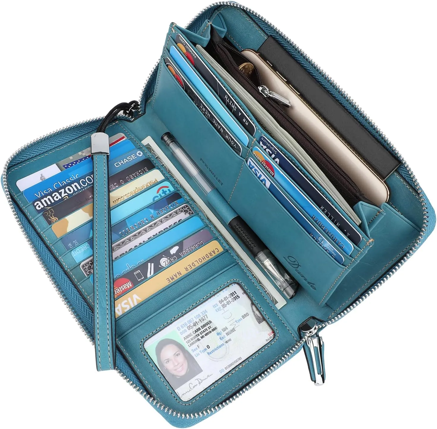Lavemi Women's RFID Blocking 100% Leather Large Capacity Zip Around Wallet Phone Holder Clutch Travel Purse Wristlet