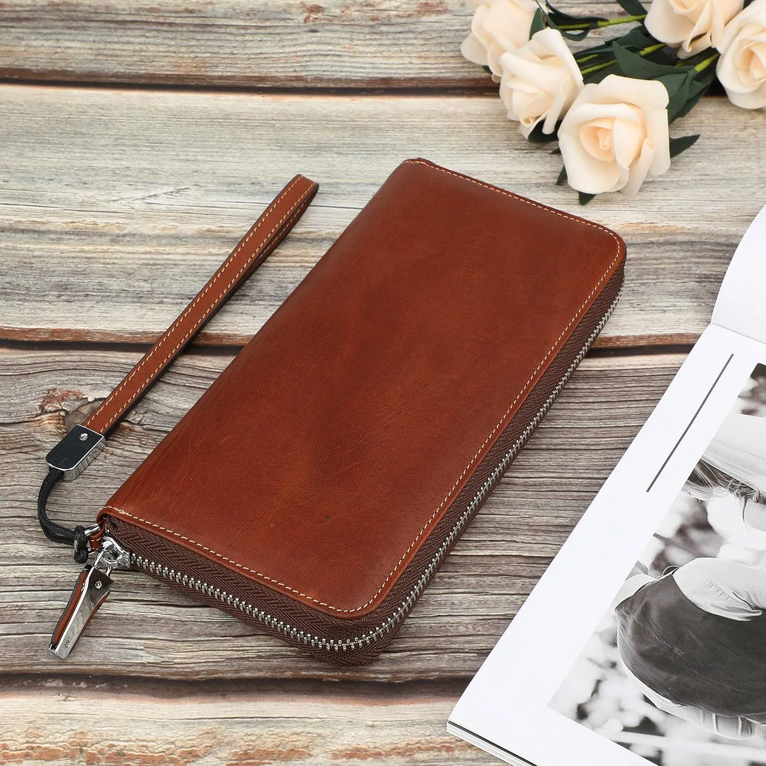 Lavemi Women's RFID Blocking 100% Leather Large Capacity Zip Around Wallet Phone Holder Clutch Travel Purse Wristlet