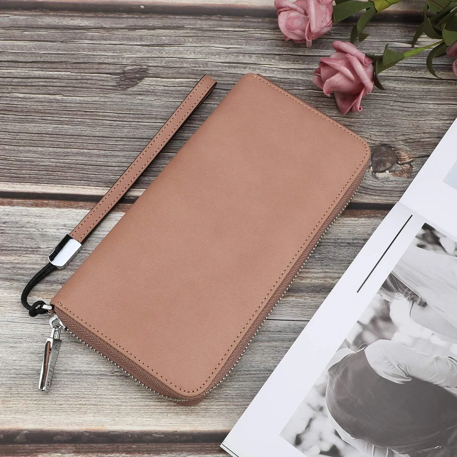 Lavemi Women's RFID Blocking 100% Leather Large Capacity Zip Around Wallet Phone Holder Clutch Travel Purse Wristlet