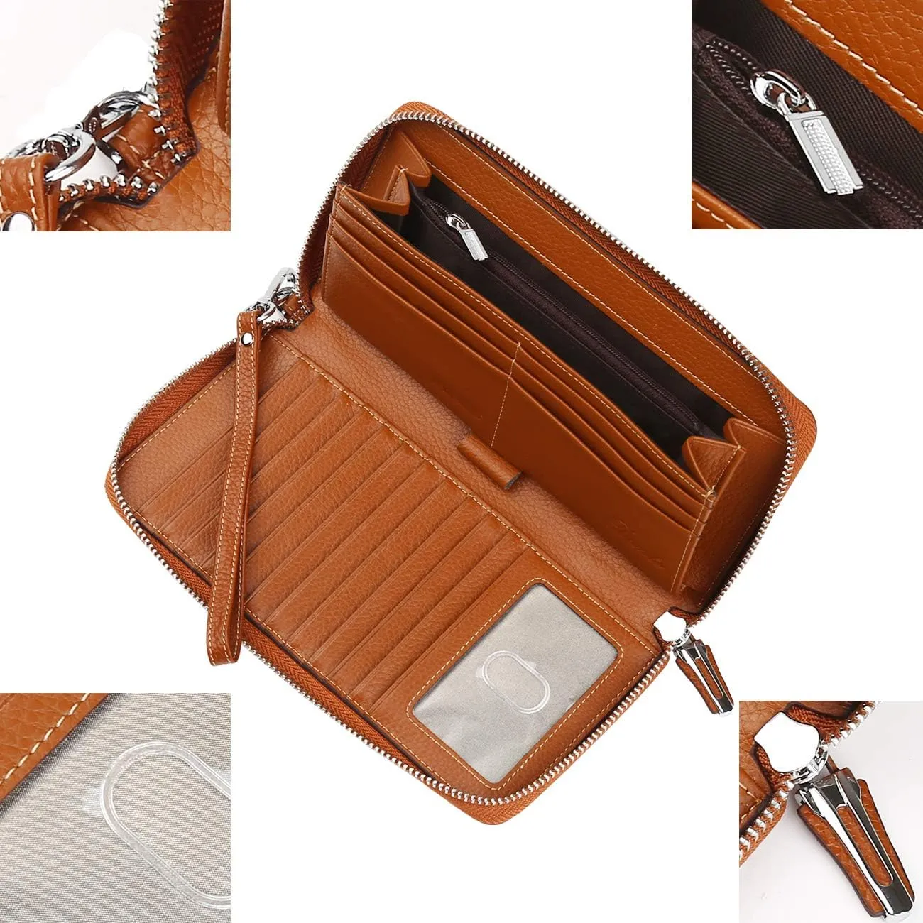 Lavemi Women's RFID Blocking 100% Leather Large Capacity Zip Around Wallet Phone Holder Clutch Travel Purse Wristlet