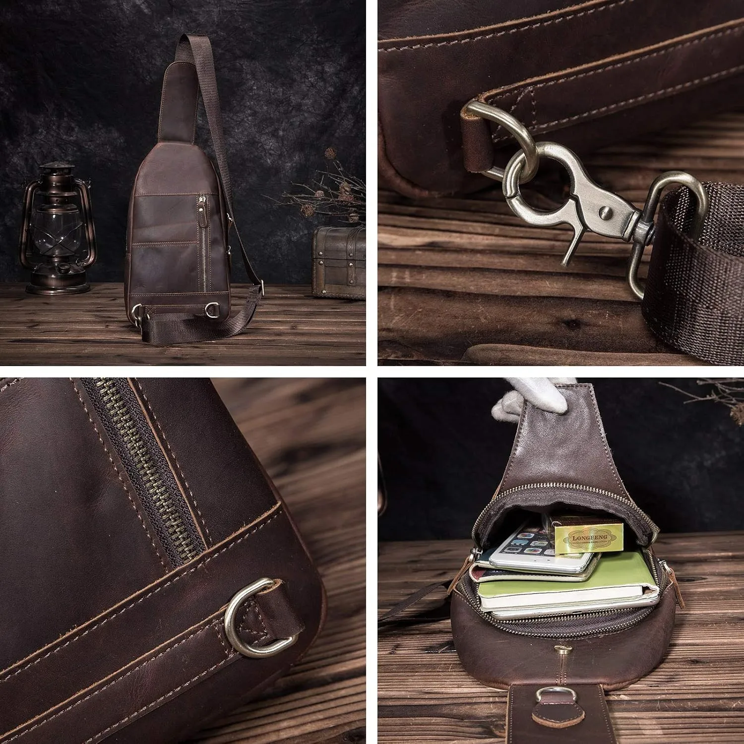 Le'aokuu Men Fashion Casual Tea Designer Travel Hiking Crossbody Chest Sling Bag Rig One Shoulder Strap Bag Men Leather 8015