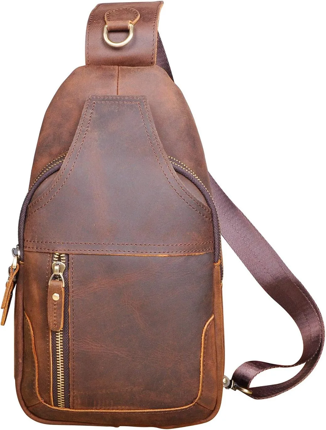 Le'aokuu Men Fashion Casual Tea Designer Travel Hiking Crossbody Chest Sling Bag Rig One Shoulder Strap Bag Men Leather 8015