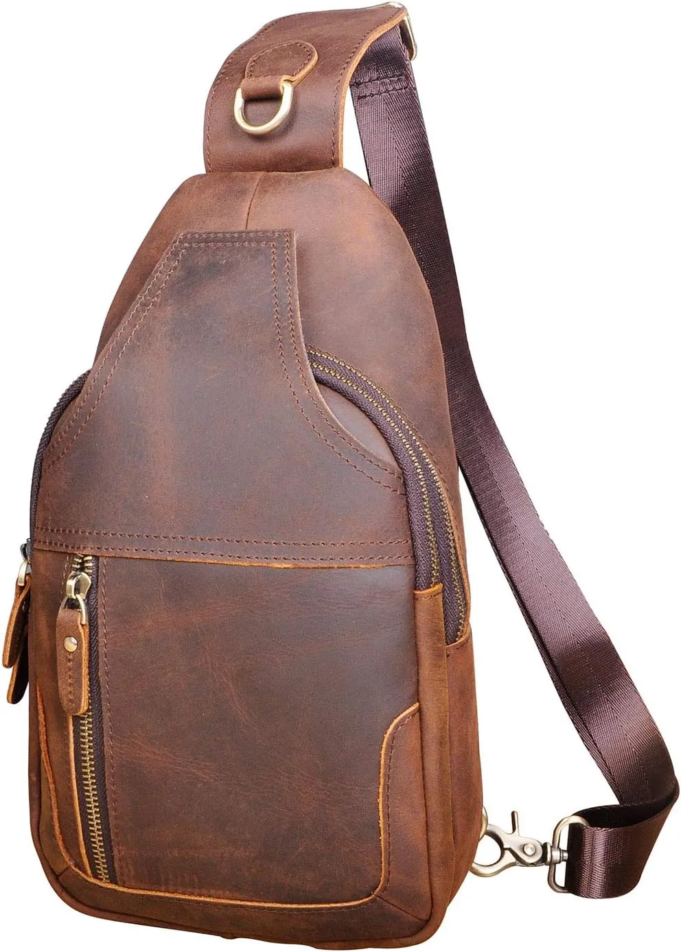 Le'aokuu Men Fashion Casual Tea Designer Travel Hiking Crossbody Chest Sling Bag Rig One Shoulder Strap Bag Men Leather 8015
