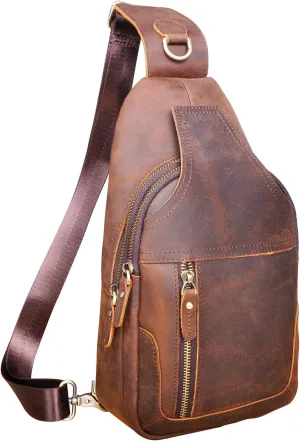 Le'aokuu Men Fashion Casual Tea Designer Travel Hiking Crossbody Chest Sling Bag Rig One Shoulder Strap Bag Men Leather 8015