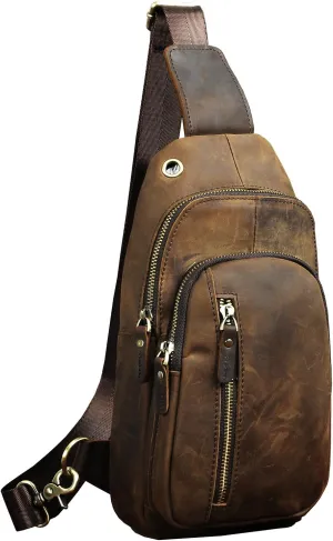 Le'aokuu Men Outdoor Casual Travel Hiking Tea Crossbody Chest Sling Bag Rig One Shoulder Strap Bag Backpack Men Leather (8005 0 Brown)