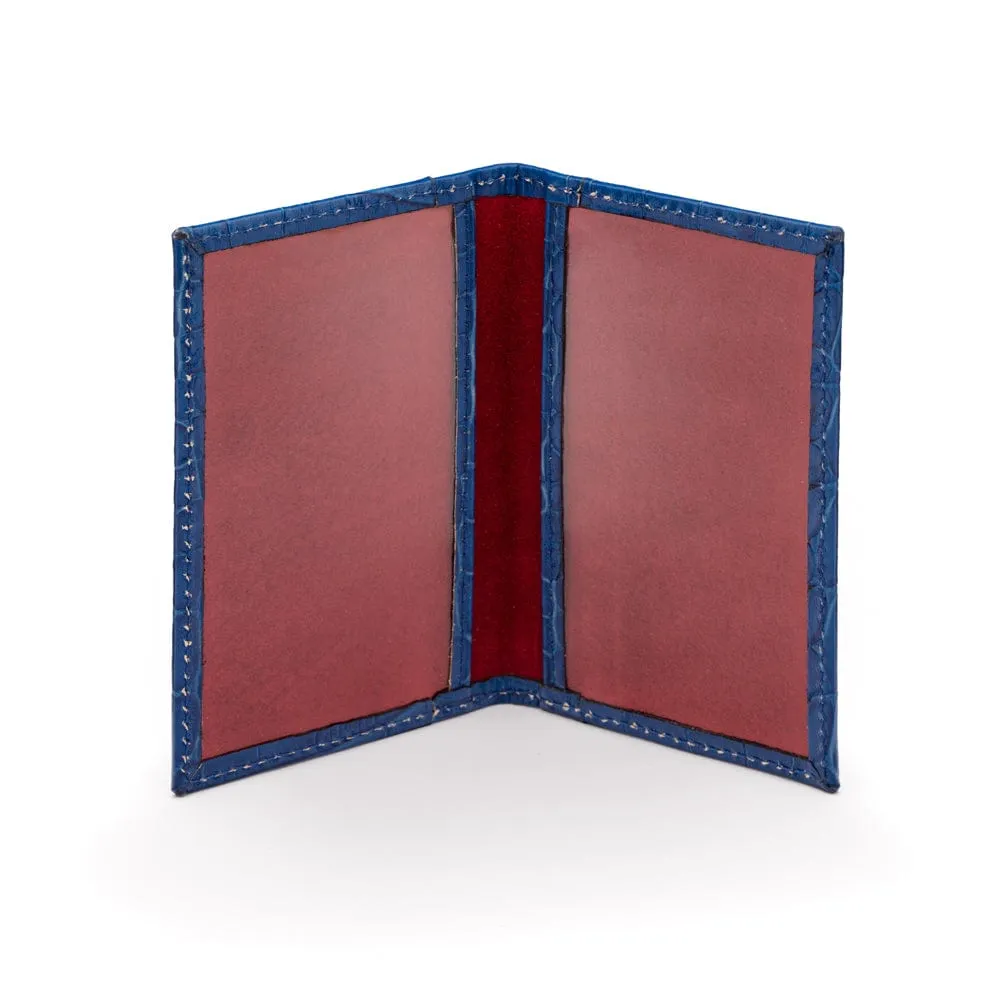 Leather Bifold Travel Card Wallet - Cobalt Croc-Effect With Red