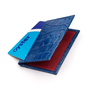 Leather Bifold Travel Card Wallet - Cobalt Croc-Effect With Red