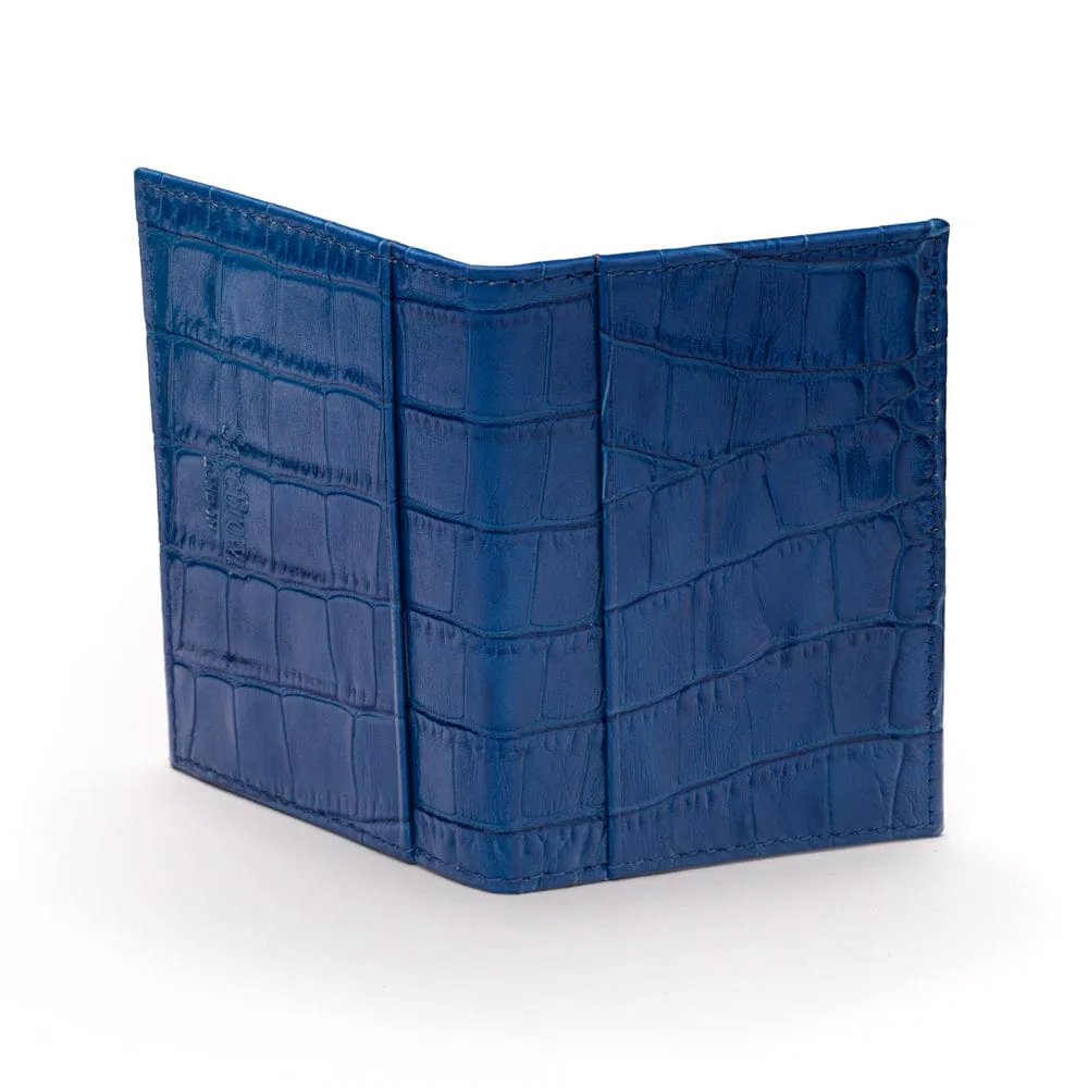 Leather Bifold Travel Card Wallet - Cobalt Croc-Effect With Red