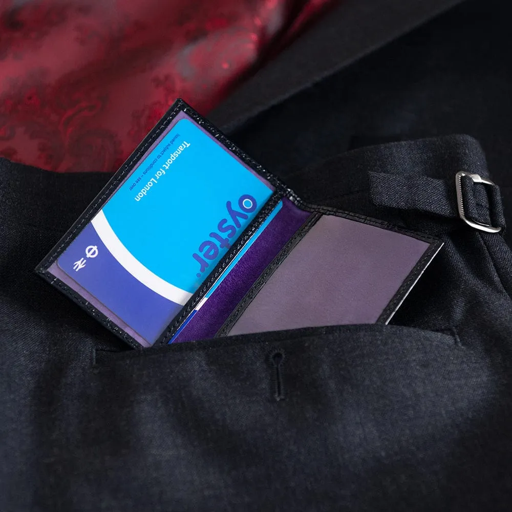 Leather Bifold Travel Card Wallet - Navy Croc-Effect With Purple