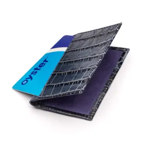 Leather Bifold Travel Card Wallet - Navy Croc-Effect With Purple