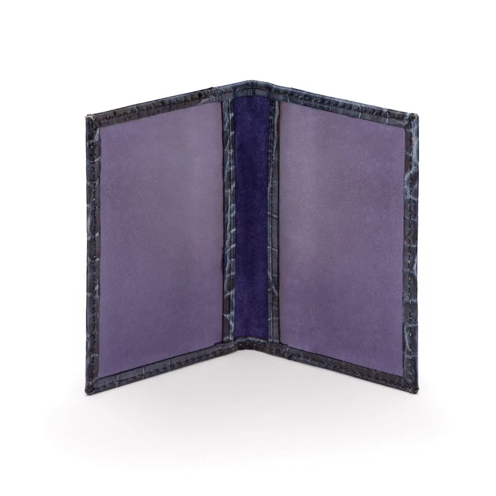 Leather Bifold Travel Card Wallet - Navy Croc-Effect With Purple
