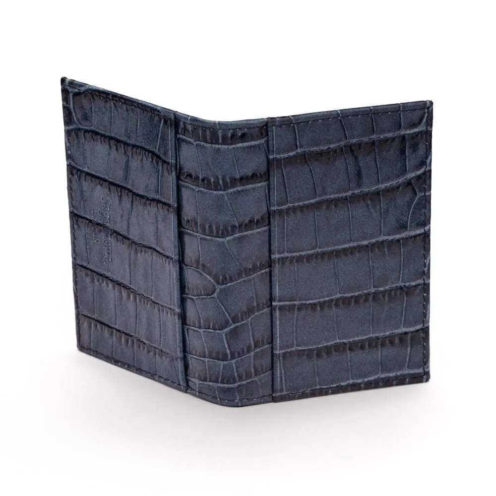 Leather Bifold Travel Card Wallet - Navy Croc-Effect With Purple