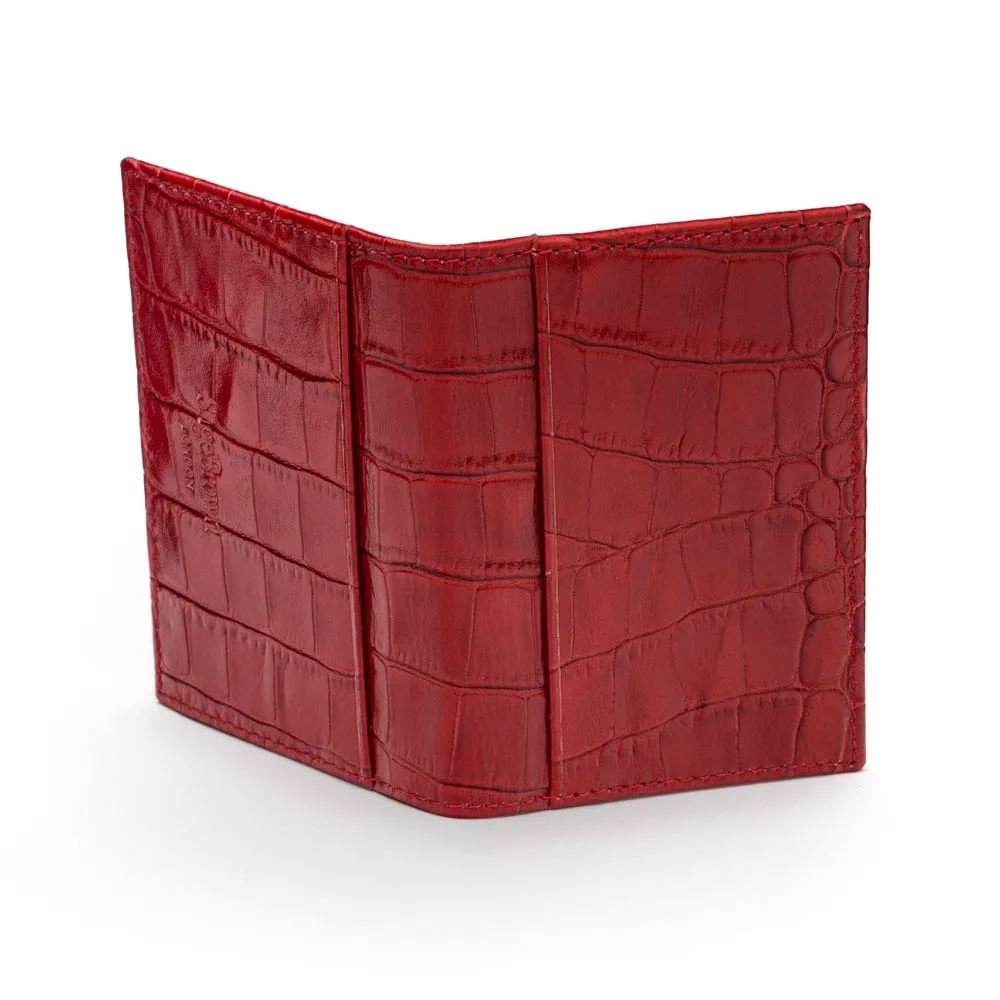 Leather Bifold Travel Card Wallet - Red Croc-Effect With Black