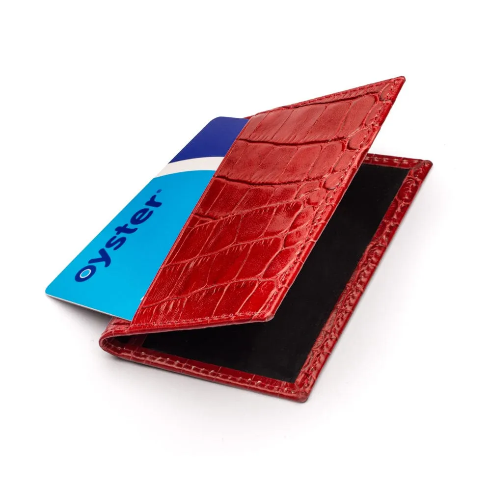 Leather Bifold Travel Card Wallet - Red Croc-Effect With Black