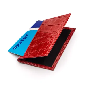 Leather Bifold Travel Card Wallet - Red Croc-Effect With Black