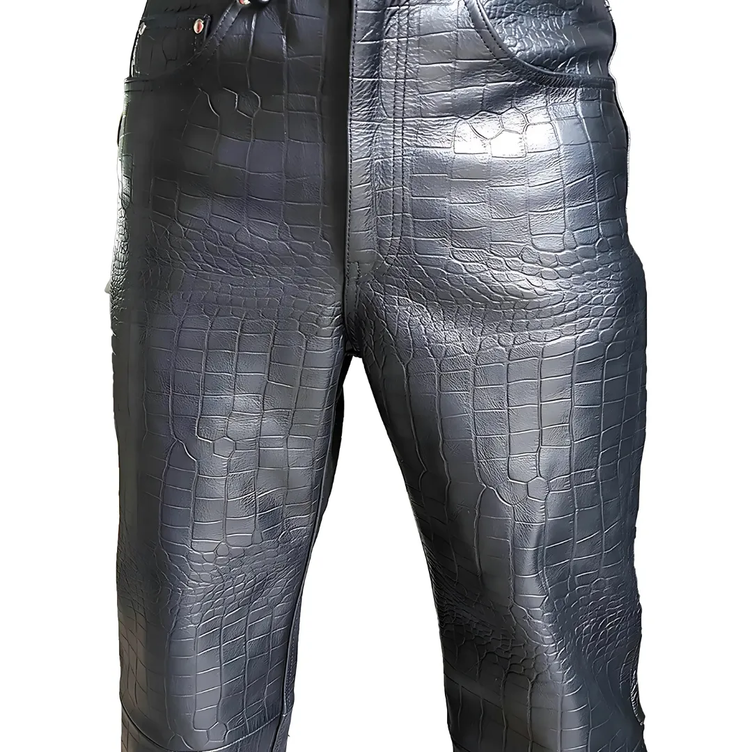 Leather Bikers Pants Black Alligator Crocodile Print