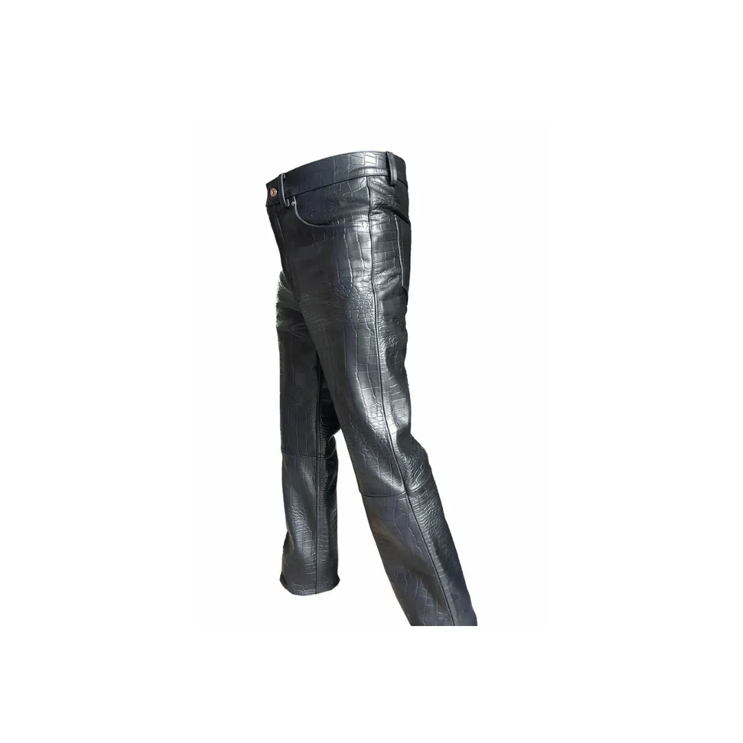 Leather Bikers Pants Black Alligator Crocodile Print