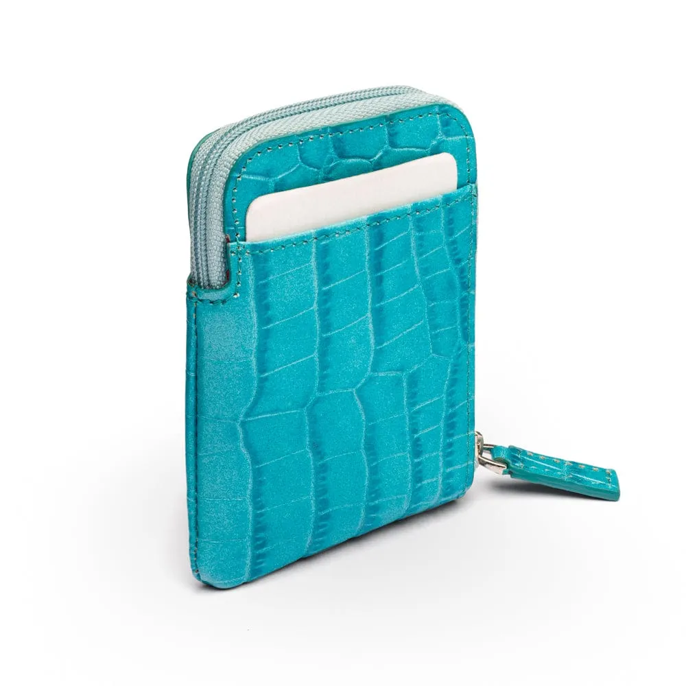 Leather Card Case With Zip - Turquoise Croc-Effect
