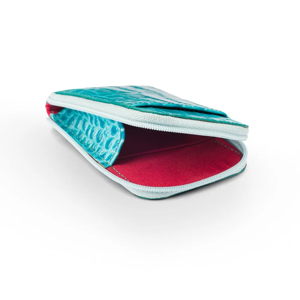 Leather Card Case With Zip - Turquoise Croc-Effect