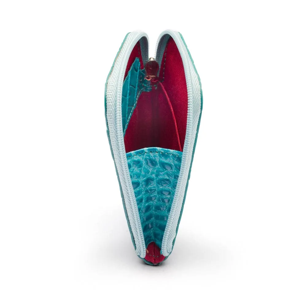 Leather Card Case With Zip - Turquoise Croc-Effect