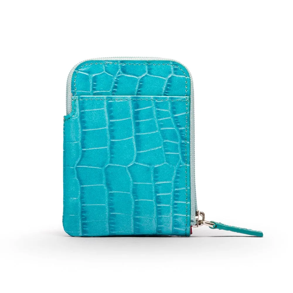 Leather Card Case With Zip - Turquoise Croc-Effect