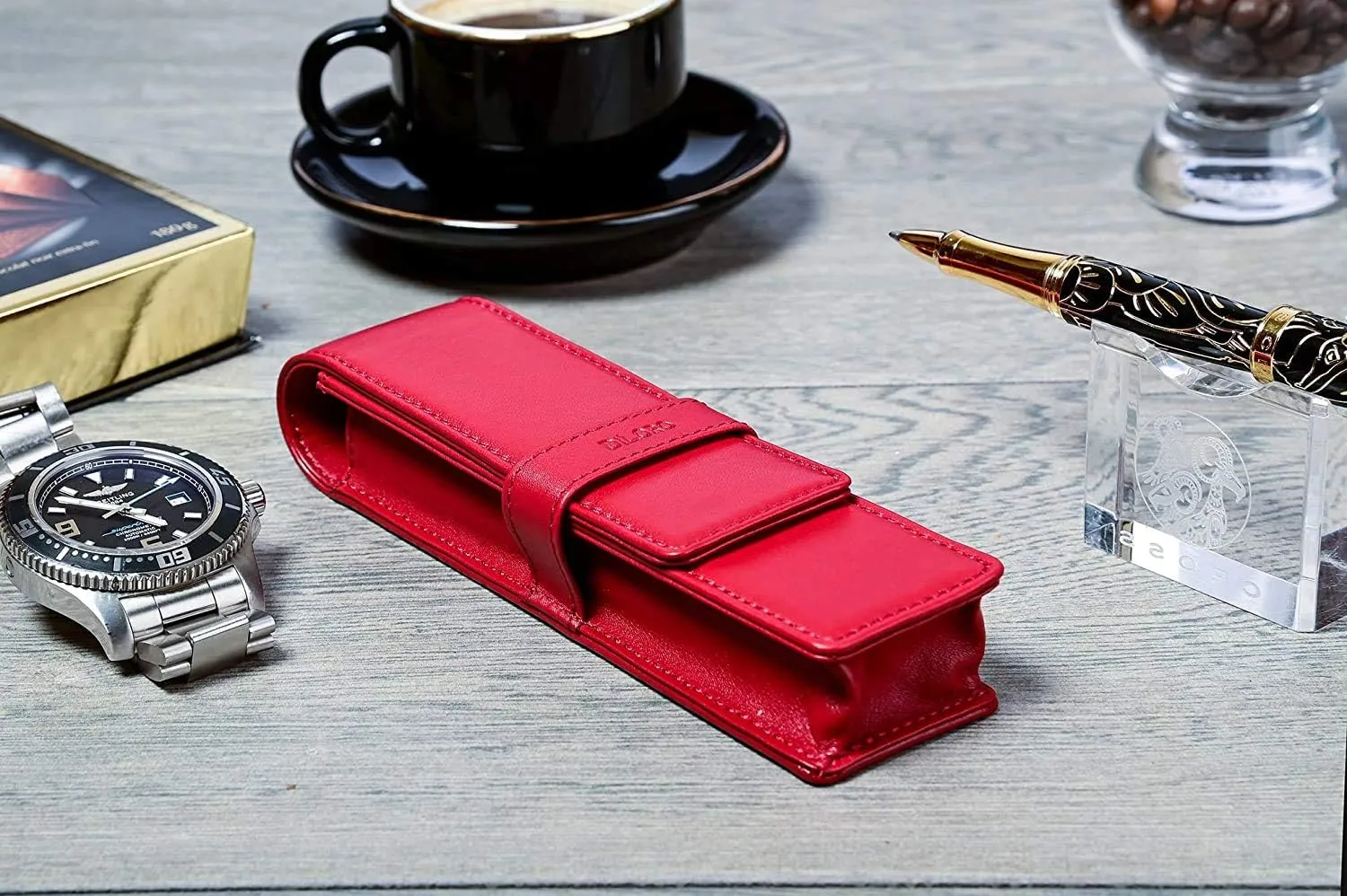 Leather Double Pen Case Pencil Pouch Holder for Two Fountain Ballpoint Rollerball Pens and Pencils