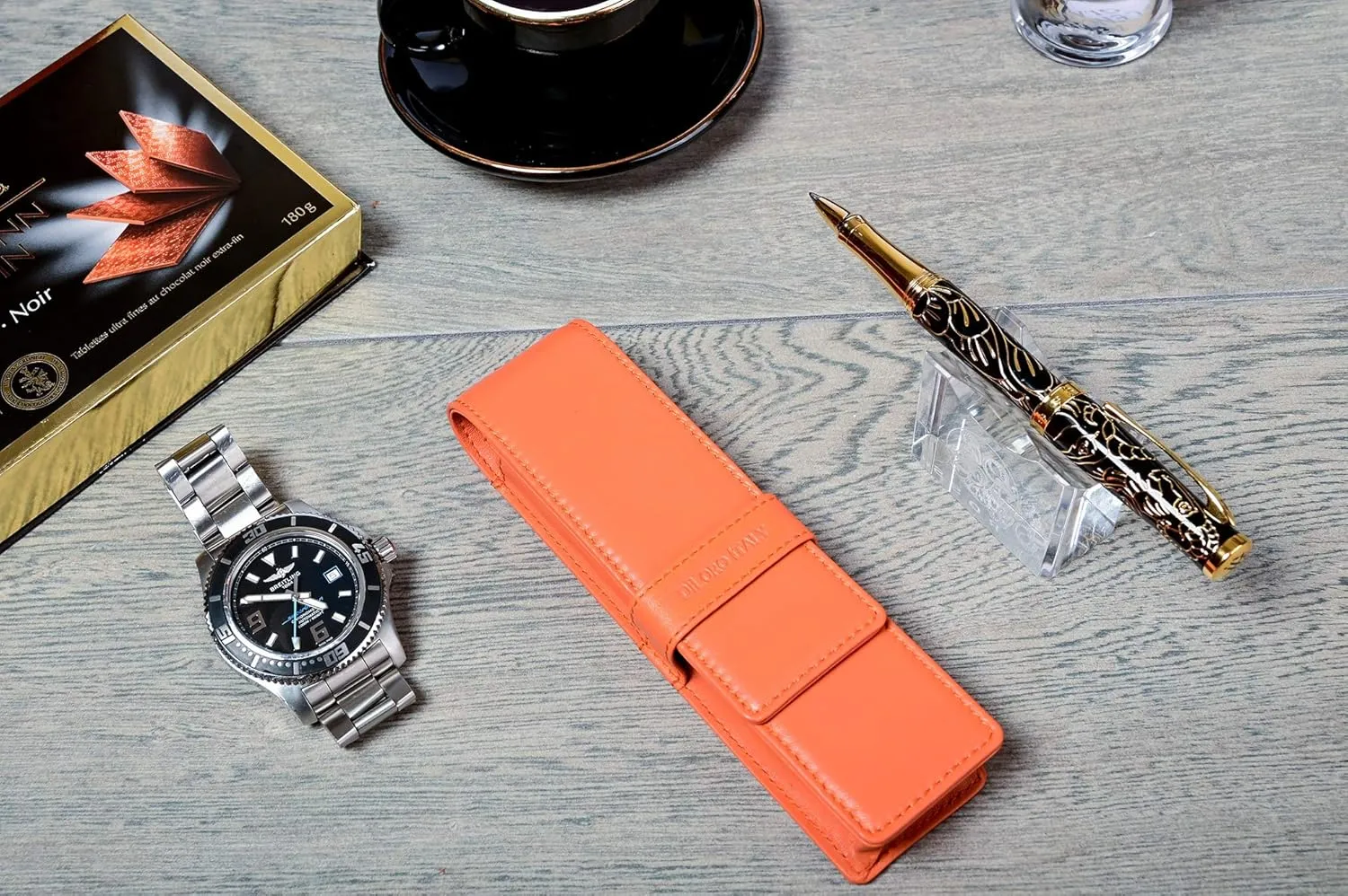 Leather Double Pen Case Pencil Pouch Holder for Two Fountain Ballpoint Rollerball Pens and Pencils