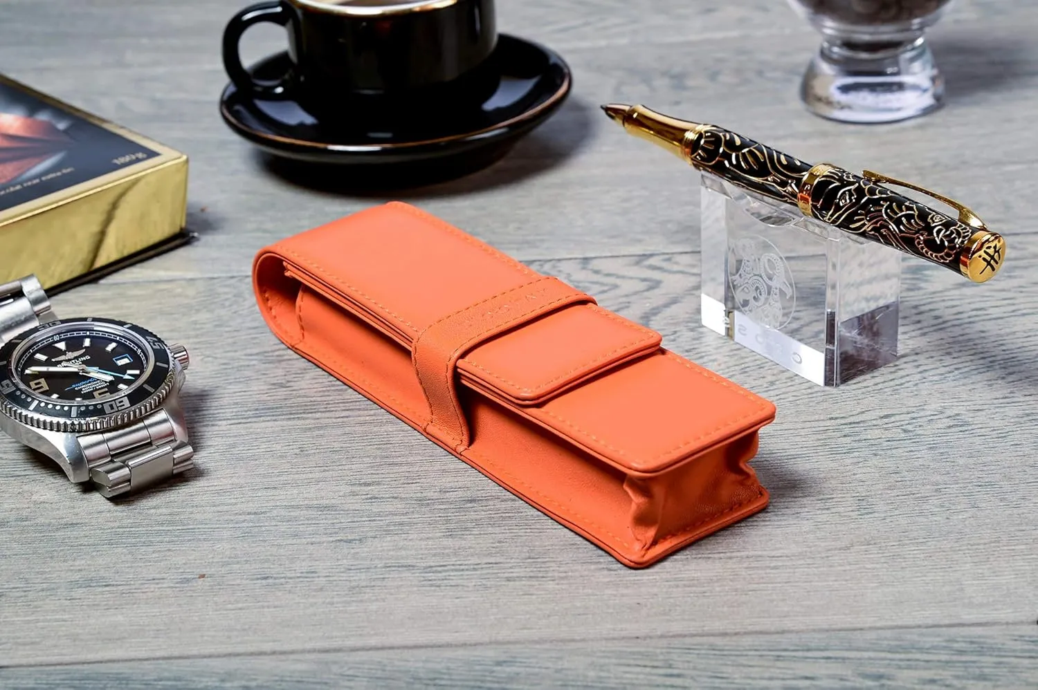 Leather Double Pen Case Pencil Pouch Holder for Two Fountain Ballpoint Rollerball Pens and Pencils