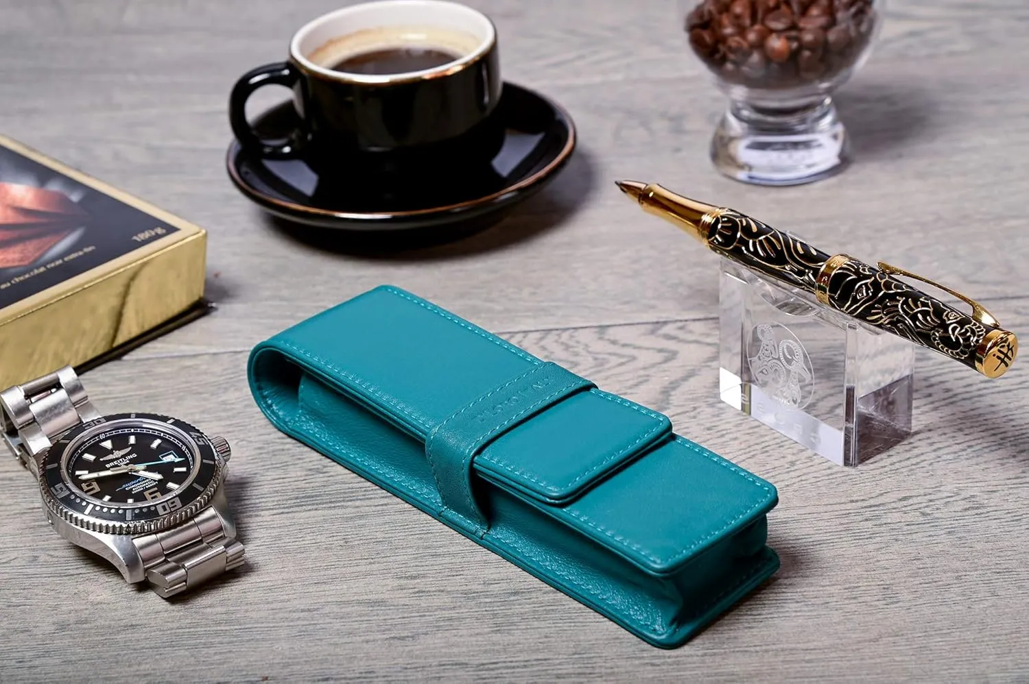 Leather Double Pen Case Pencil Pouch Holder for Two Fountain Ballpoint Rollerball Pens and Pencils