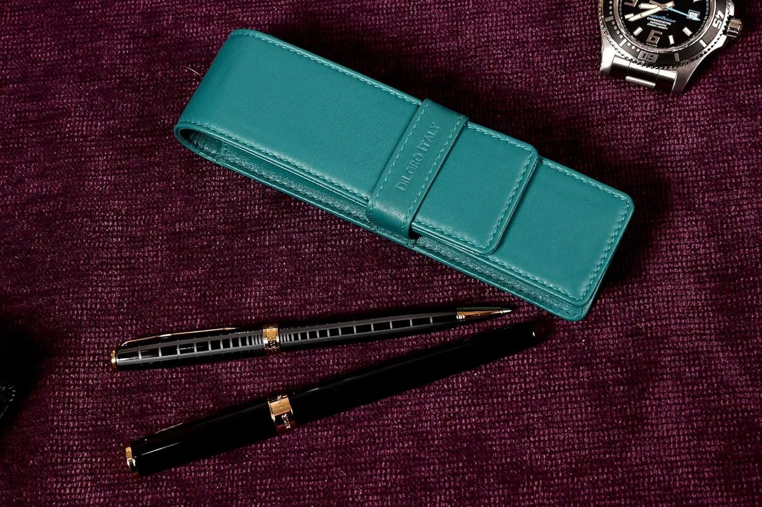 Leather Double Pen Case Pencil Pouch Holder for Two Fountain Ballpoint Rollerball Pens and Pencils