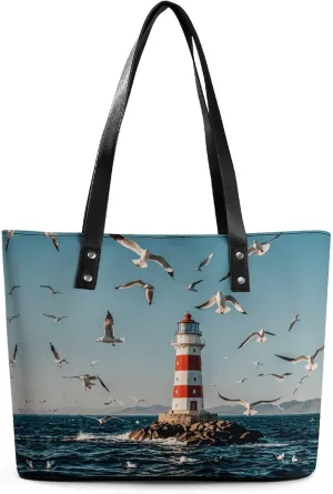 Leather Lady's Handbag Lighthouse Flying Seagulls Print Leather Tote Bags For Women Trendy Ladies Shoulder Bag for Work, Travel, Casual Use