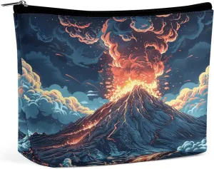 Leather Makeup Bag Waterproof Cosmetic Bag for Women Depicts A Volcano Open Flat Toiletry Bags Portable Pouch With Zipper Make Up Organizer Case for Travel Accessories