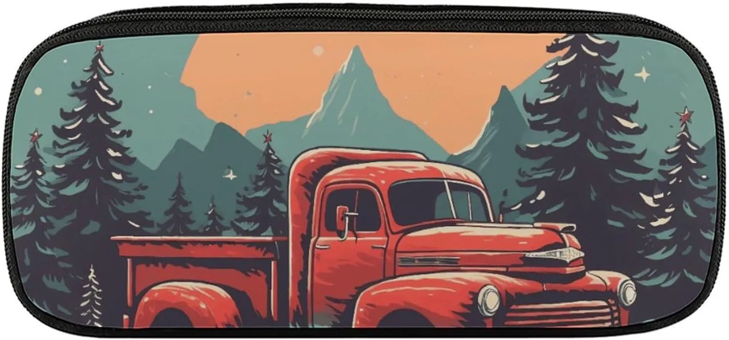 Leather Pencil Bag Waterproof Cute Pen Case Travel Cosmetic Makeup Bag Organizer Pen Holder for Men Women,Suburban Landscape Truck