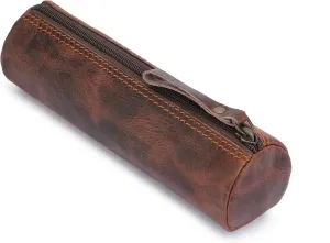 Leather Pencil Case - Full Grain Leather Zippered Pen Pouch - Premium Stationery Bag & Pen Holder for Work, Office, Travel - Handmade Durable Executive Pencil Organizer - Brown