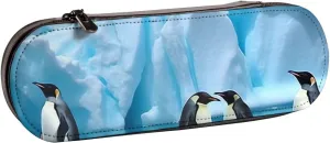 Leather Pencil Case Zipper Pencil Holder Penguins On The Iceberg Pencil Bag Cute Pencil Pouch for Women Men Pencil Pouch Travel Makeup Bag Coin Pouch for Work Office