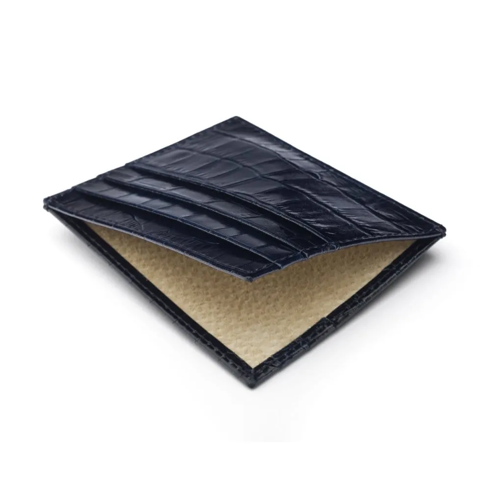 Leather Side Opening Flat Card Wallet - Navy Croc-Effect