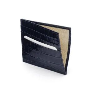 Leather Side Opening Flat Card Wallet - Navy Croc-Effect