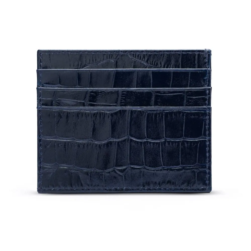 Leather Side Opening Flat Card Wallet - Navy Croc-Effect