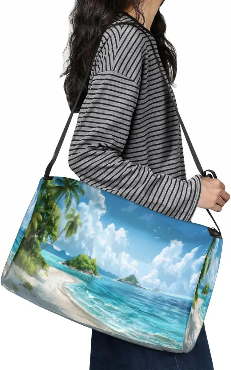 Leather Travel Duffle Bag for Women Men, Ocean Beach Landscape Scenic Small Sports Gym Bag Weekender Overnight Bags Underseat Carry on Luggage Bags for Airplanes, Personal Item Travel Bag,A-235