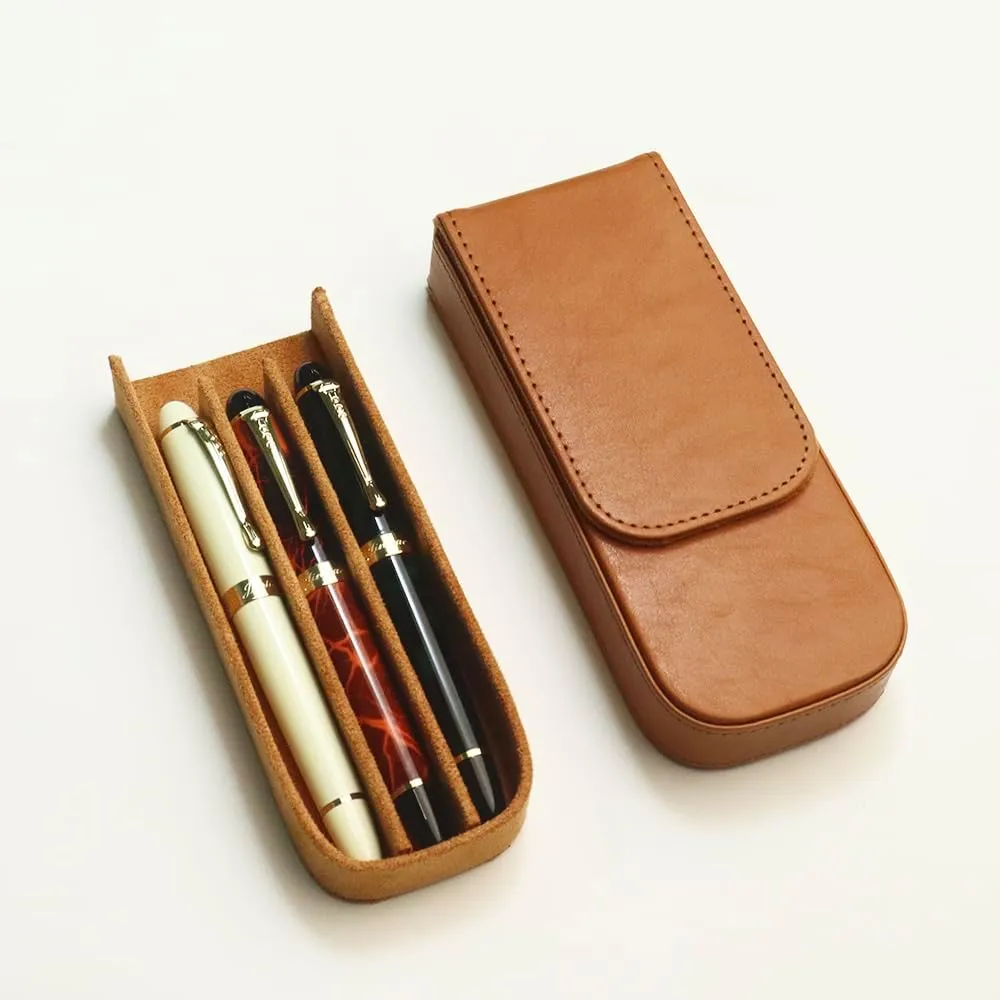 Leather Triple Pen Case Pencil Pouch Holder for Three Fountain Ballpoint Rollerball Pens and Pencils Gift Choice for Man/Woman/Office (brown)