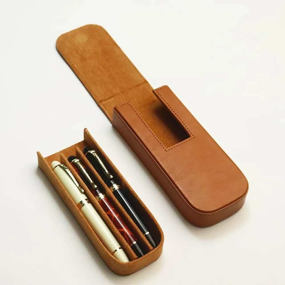 Leather Triple Pen Case Pencil Pouch Holder for Three Fountain Ballpoint Rollerball Pens and Pencils Gift Choice for Man/Woman/Office (brown)