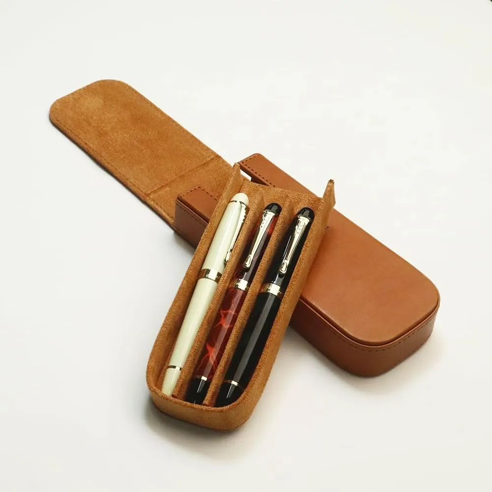 Leather Triple Pen Case Pencil Pouch Holder for Three Fountain Ballpoint Rollerball Pens and Pencils Gift Choice for Man/Woman/Office (brown)