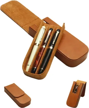Leather Triple Pen Case Pencil Pouch Holder for Three Fountain Ballpoint Rollerball Pens and Pencils Gift Choice for Man/Woman/Office (brown)