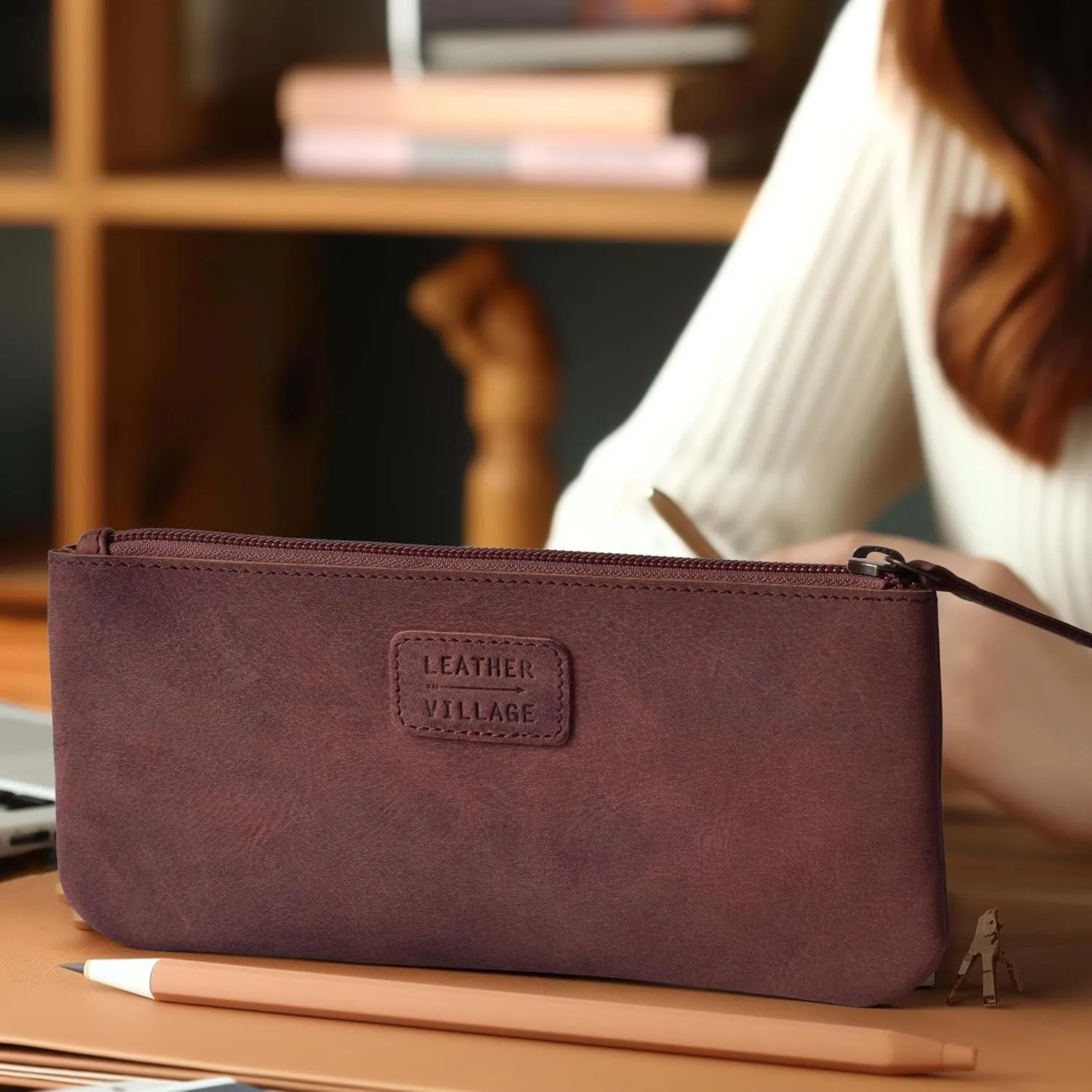 LEATHER VILLAGE Leather Pencil Pouch Pen Case - Fuchsia - 8"X4"- Double Pocket - Elegant and Practical Zipper Pouch Holder for Artists, Men, and Women