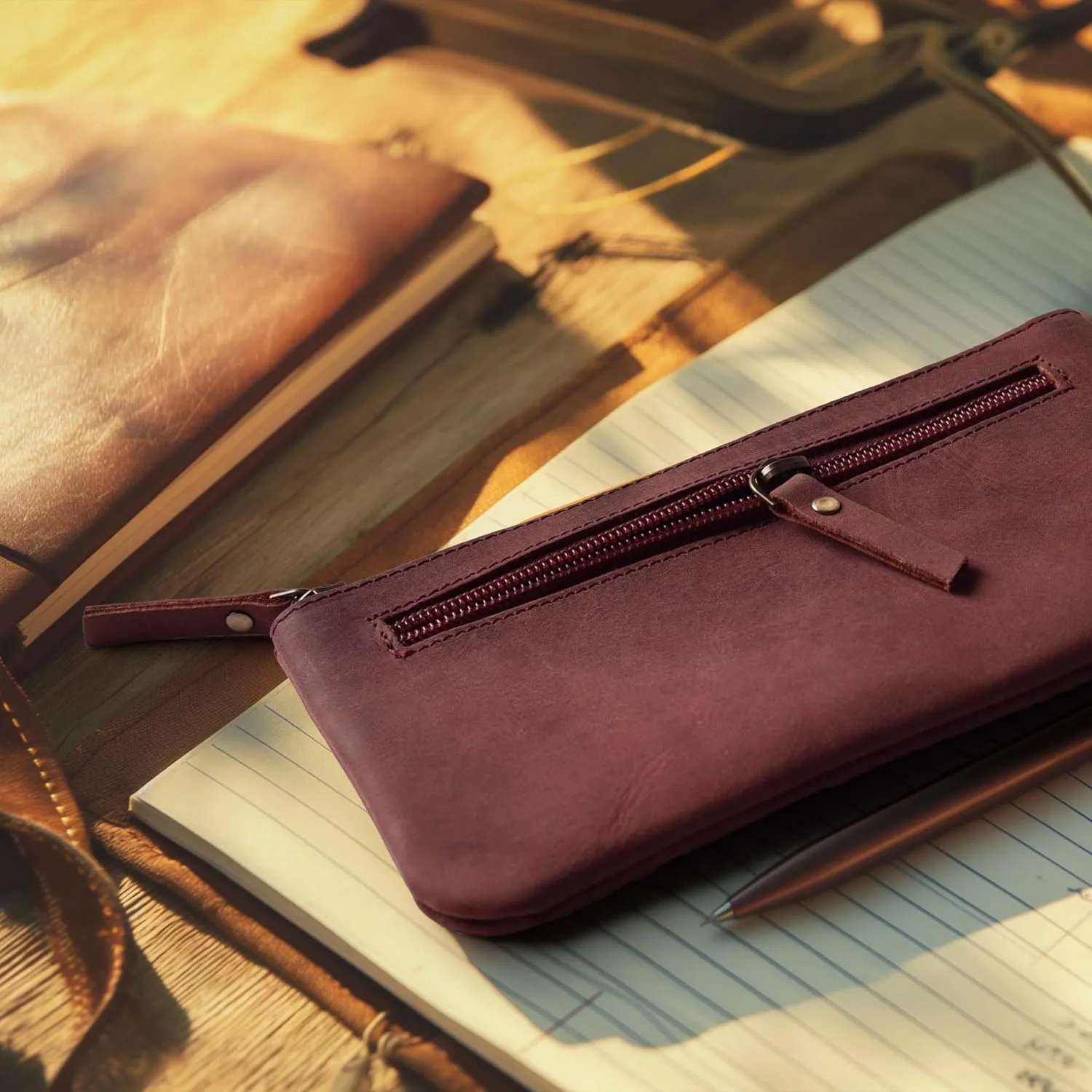 LEATHER VILLAGE Leather Pencil Pouch Pen Case - Fuchsia - 8"X4"- Double Pocket - Elegant and Practical Zipper Pouch Holder for Artists, Men, and Women