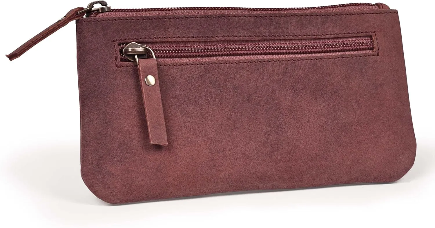 LEATHER VILLAGE Leather Pencil Pouch Pen Case - Fuchsia - 8"X4"- Double Pocket - Elegant and Practical Zipper Pouch Holder for Artists, Men, and Women