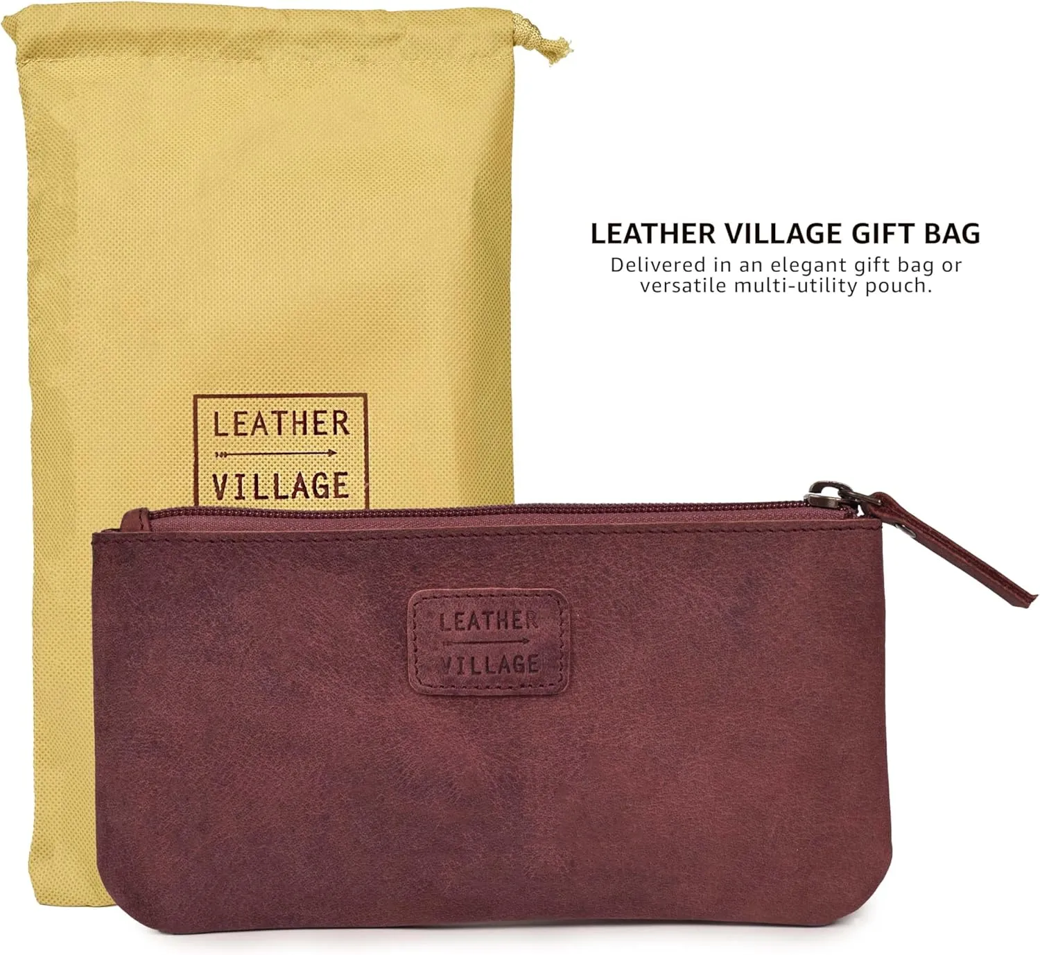 LEATHER VILLAGE Leather Pencil Pouch Pen Case - Fuchsia - 8"X4"- Double Pocket - Elegant and Practical Zipper Pouch Holder for Artists, Men, and Women