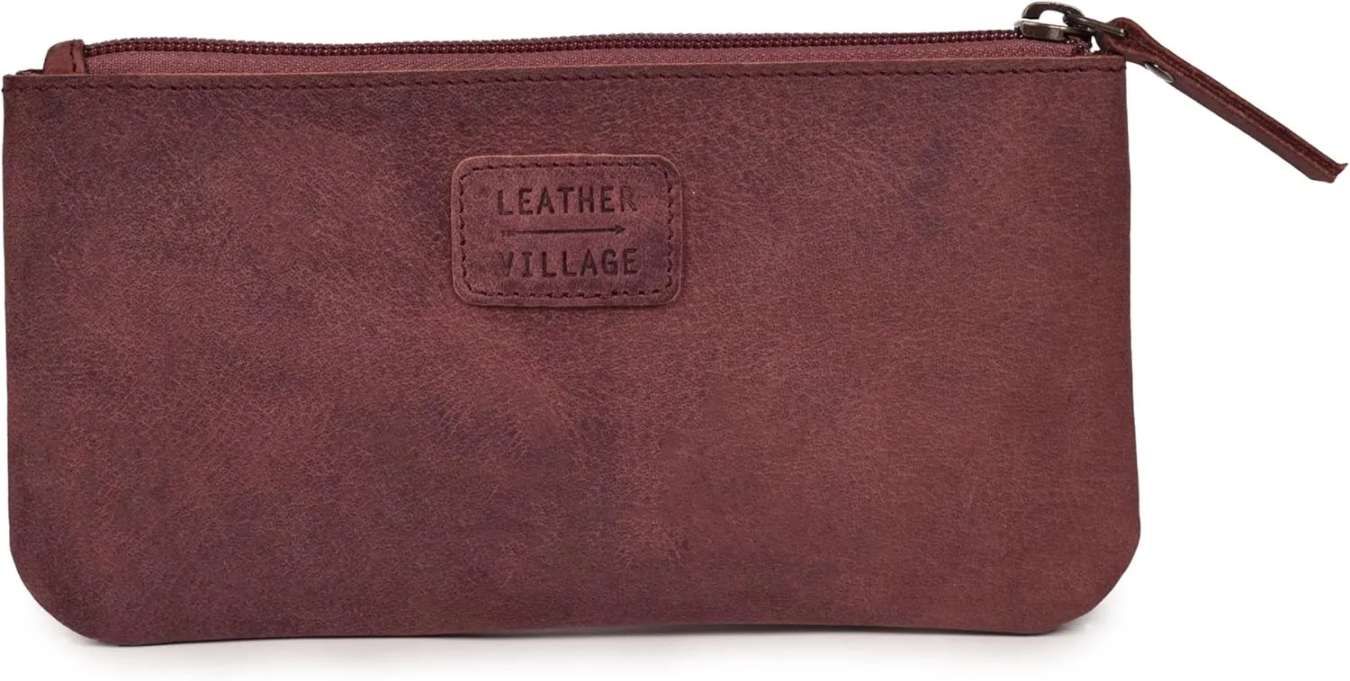 LEATHER VILLAGE Leather Pencil Pouch Pen Case - Fuchsia - 8"X4"- Double Pocket - Elegant and Practical Zipper Pouch Holder for Artists, Men, and Women